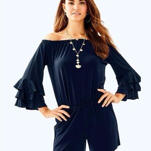 Lilly Pulitzer Navy Off-the-Shoulder Ruffle Sleeve Romper in XS